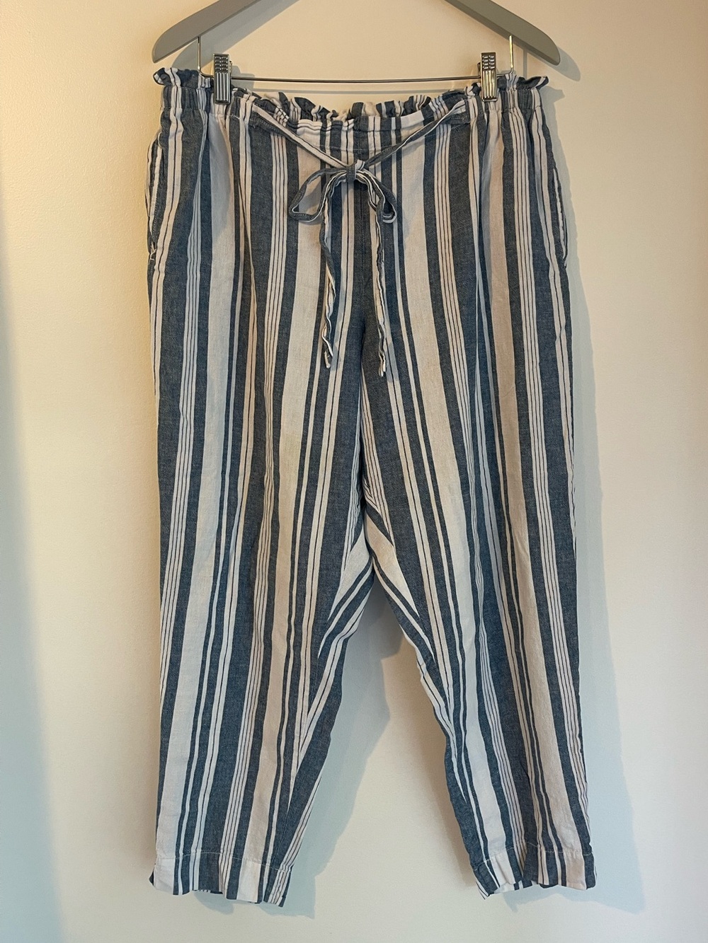 beachlunchlounge Blue White Striped Linen Blend Paperbag Pants XL Drawstring Coa